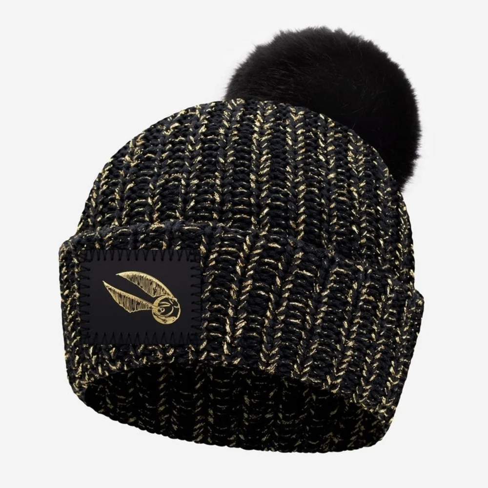 Love Your Melon Harry Potter Snitch Black Metallic Gold Pom Beanie